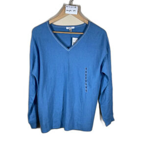 Isela NWT Blue V Neck Sweater Long Sleeve Super Soft Metallic Thread Size S
